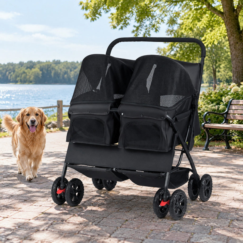 Airfind Foldable Double Pet Stroller with Adjustable Sunshade and Storage Basket, Aluminium Alloy Oxford Fabric PP EVA Frame, Black