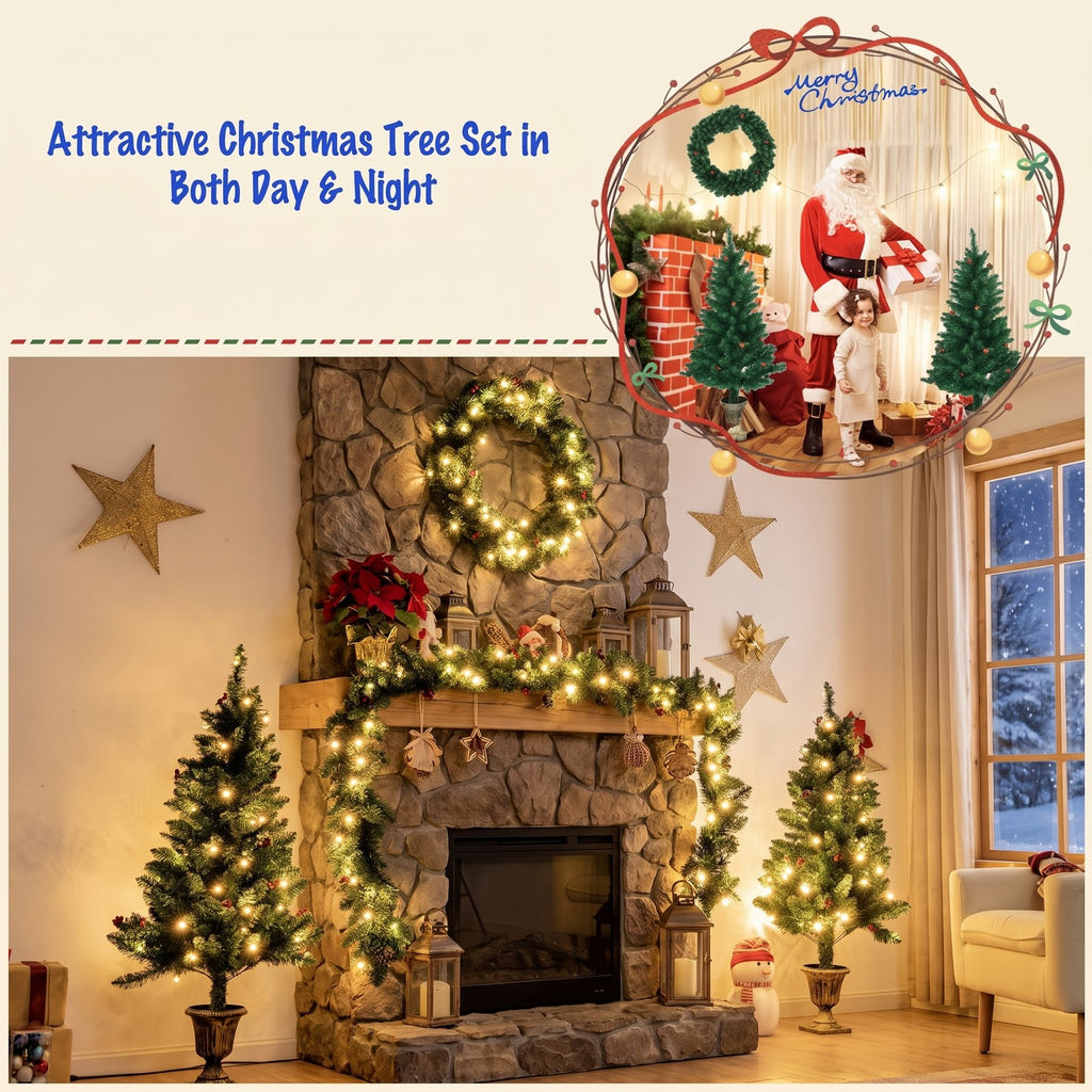 Airfind 4 Pieces Christmas Decoration Set with Garland Wreath and Entrance Trees, Green, diameter 24in, Number of LED lights 200 Battery