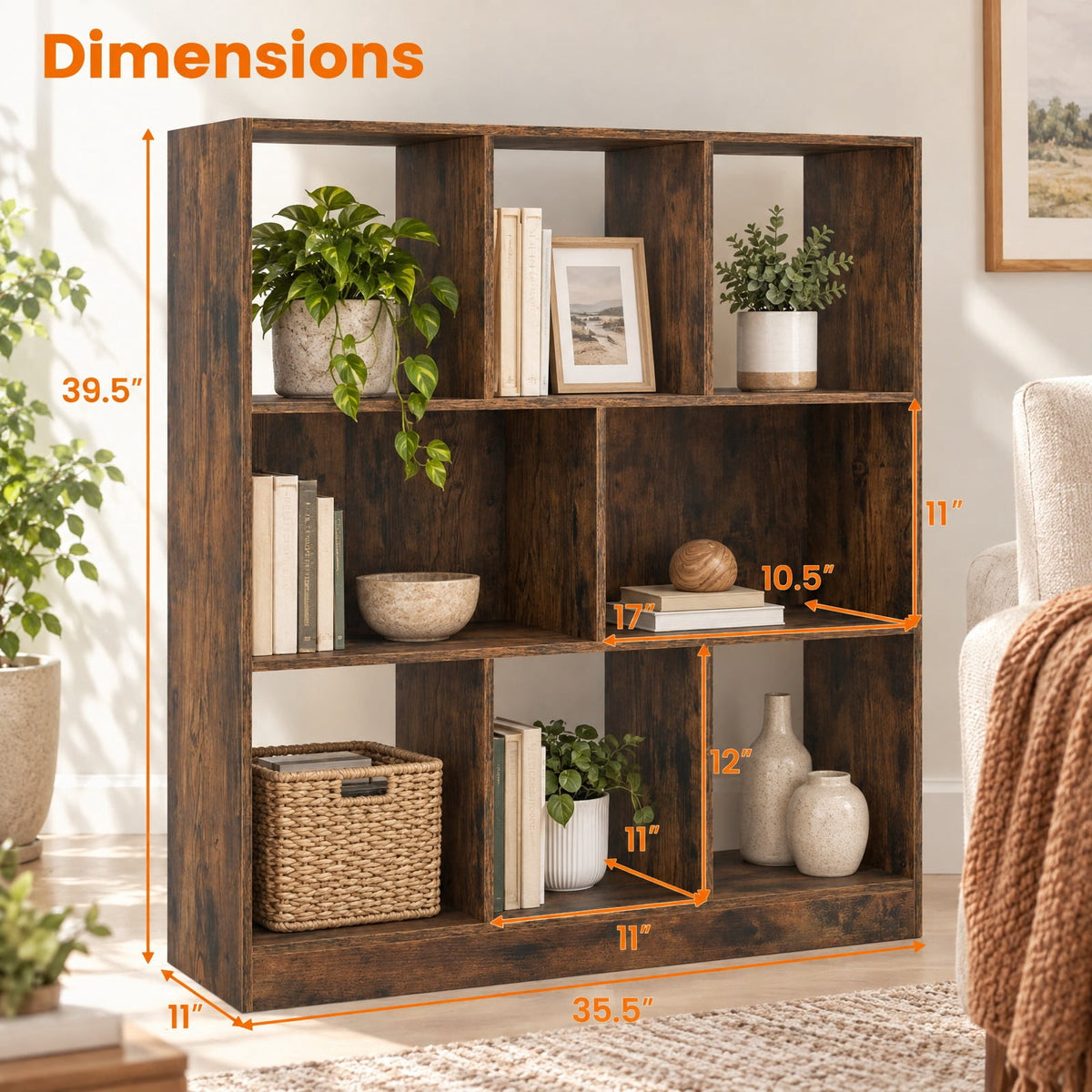 Airfind 8-Cube Bookcase 3-Tier with 2-Sized Compartments and Anti-Tip Kits for Living Room, 88 lbs Capacity, 35.5 x 11 x 39.5 Footprint, Brown