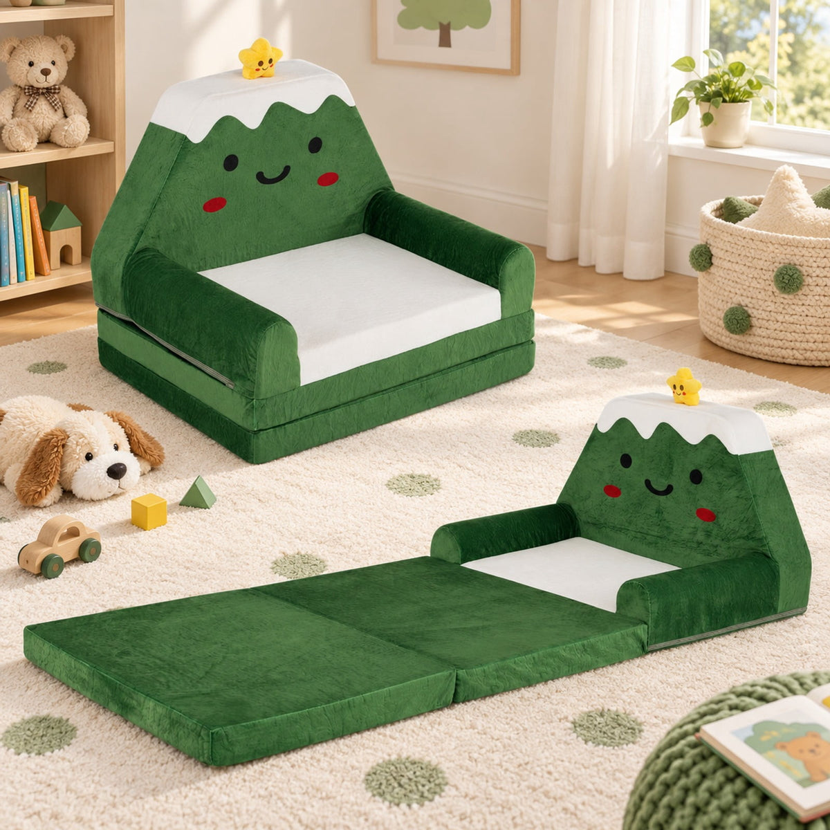 Airfind 2-in-1 Convertible Kids Sofa to Lounger with Christmas Patterns, Ultra-soft Fabric Sponge Frame, for 18-36 Months Old, Green