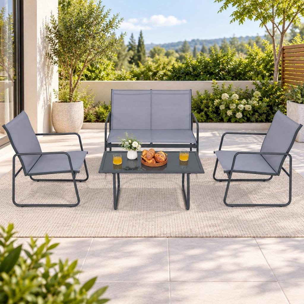 Airfind 4 Pieces of Metal Patio Furniture Chat Set with Tempered Glass Coffee Table, 660 lbs Capacity, Steel fabric Frame, 38 x 19 x 17 Footprint