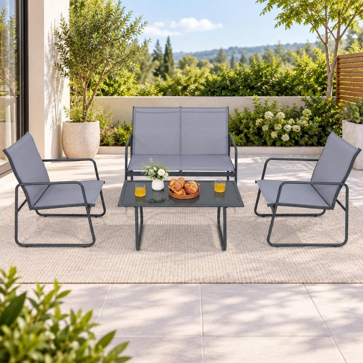 Airfind 4 Pieces of Metal Patio Furniture Chat Set with Tempered Glass Coffee Table, 660 lbs Capacity, Steel fabric Frame, 38 x 19 x 17 Footprint