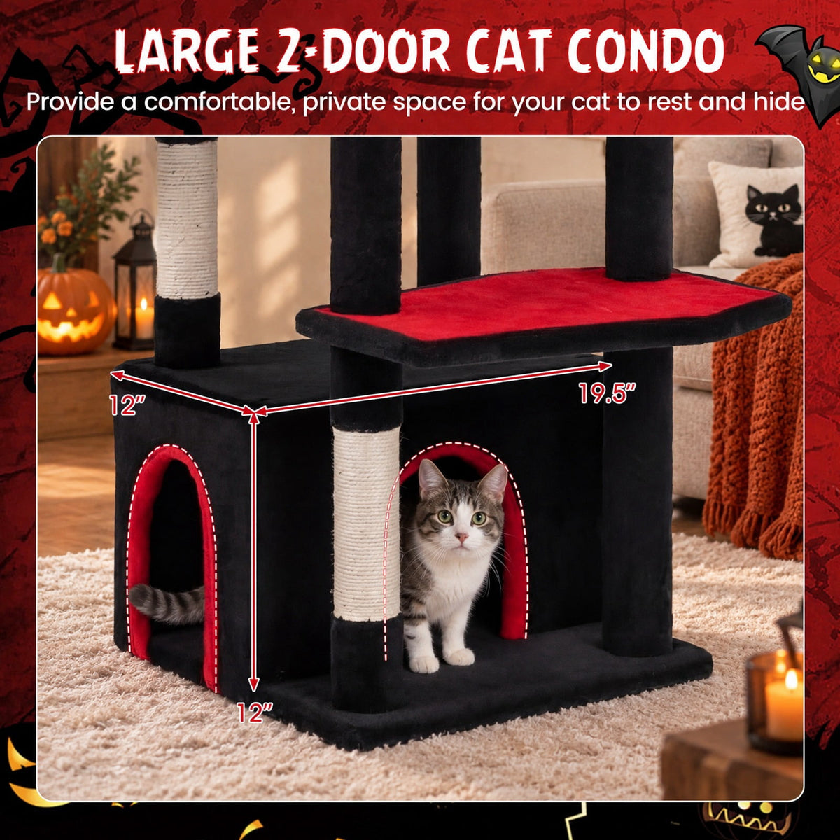Airfind 63 Inch Gothic Cat Tree with Condo and Top Cave for Large Cats 20+ LBS, 22 lbs Capacity, Black
