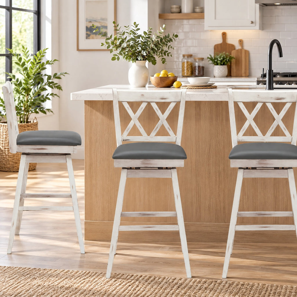 Airfind 2 Pieces 29 Inches Swivel Counter Height Barstool Set with Rubber Wood Legs, 265 lbs Capacity, PVC High density sponge rubber wood Frame