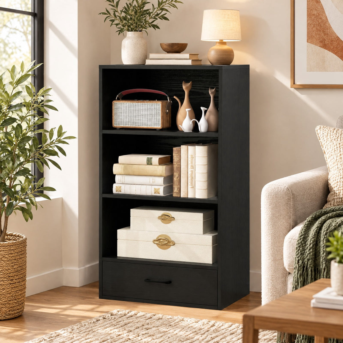 Airfind 48 Inch Tall 4 Tiers Wood Bookcase with Drawer, 88 lbs Capacity, Engineered Wood MDF Frame, 24in x 15in x 42.5in Footprint, Black
