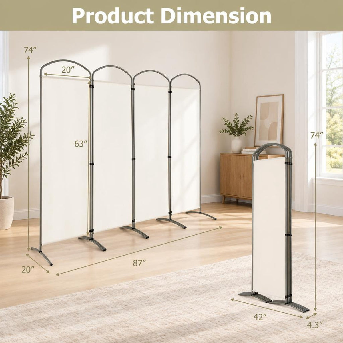 Airfind 6.2Ft Folding 4-Panel Room Divider for Home Office Living Room, Polyester Metal Frame, 87 x 20 x 74 Footprint, White