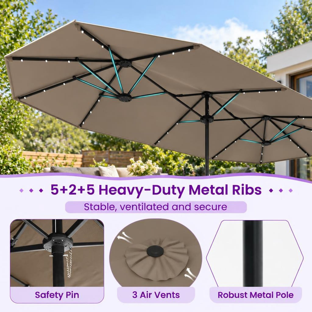 Airfind 13FT Double-sided Patio Umbrella with Solar Lights for Garden Pool Backyard, Metal 180g Yarn Dyed Fabric PA Coating Frame, Coffee
