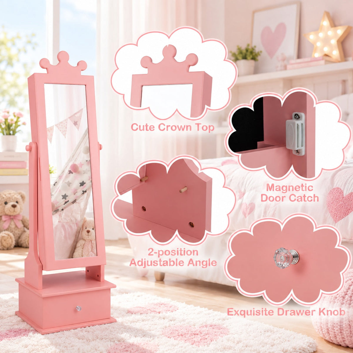 Airfind 2-in-1 Kids Play Jewelry Armoire with Full Length Mirror and Drawers, MDF Glass Frame, for 3+ Years Old, 13.5 x 12 x 40.5/44.5 Footprint