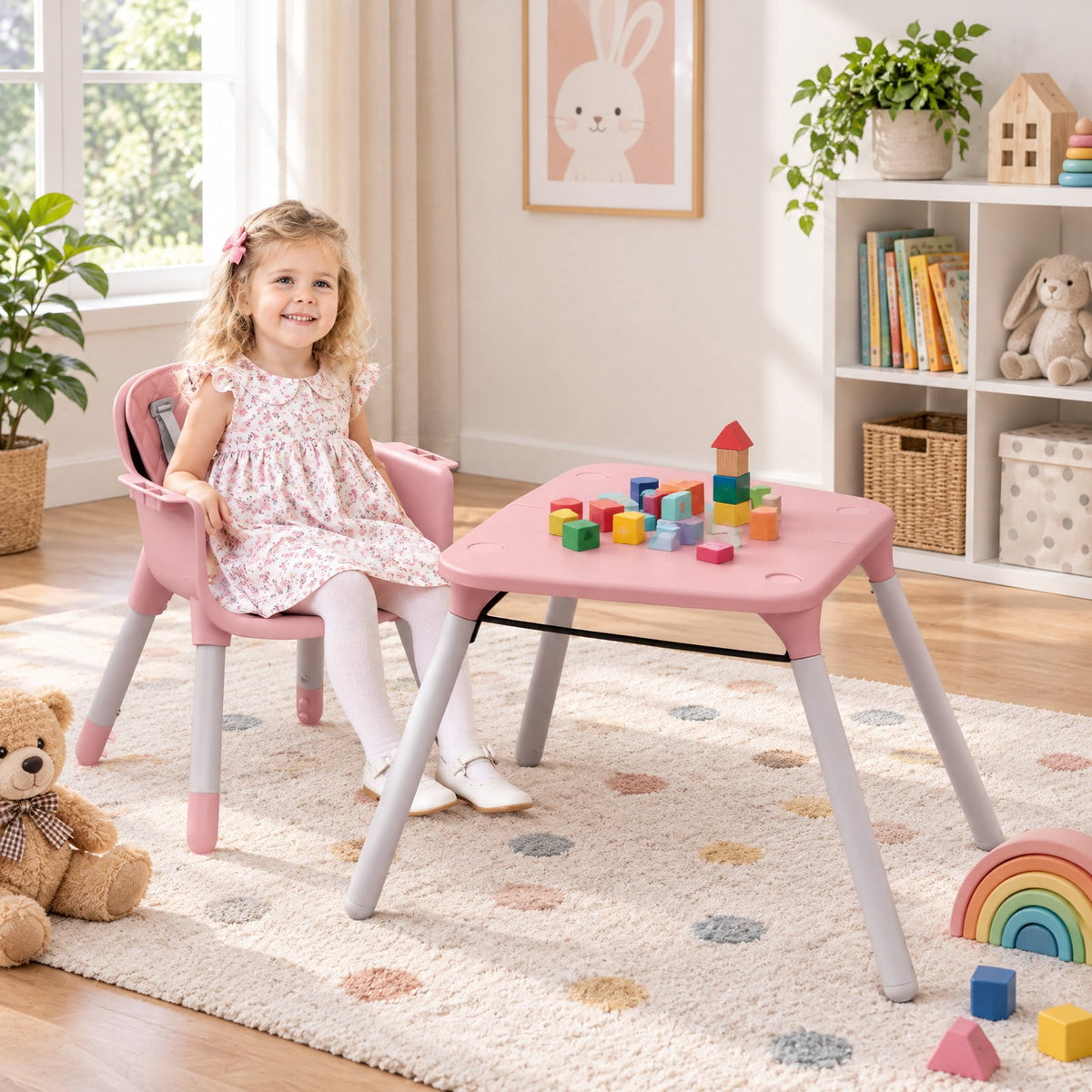 Airfind 4-in-1 Baby Convertible Toddler Table Chair Set with PU Cushion, 33 lbs Capacity, PU PP metal Frame, for 6-36 months, Pink
