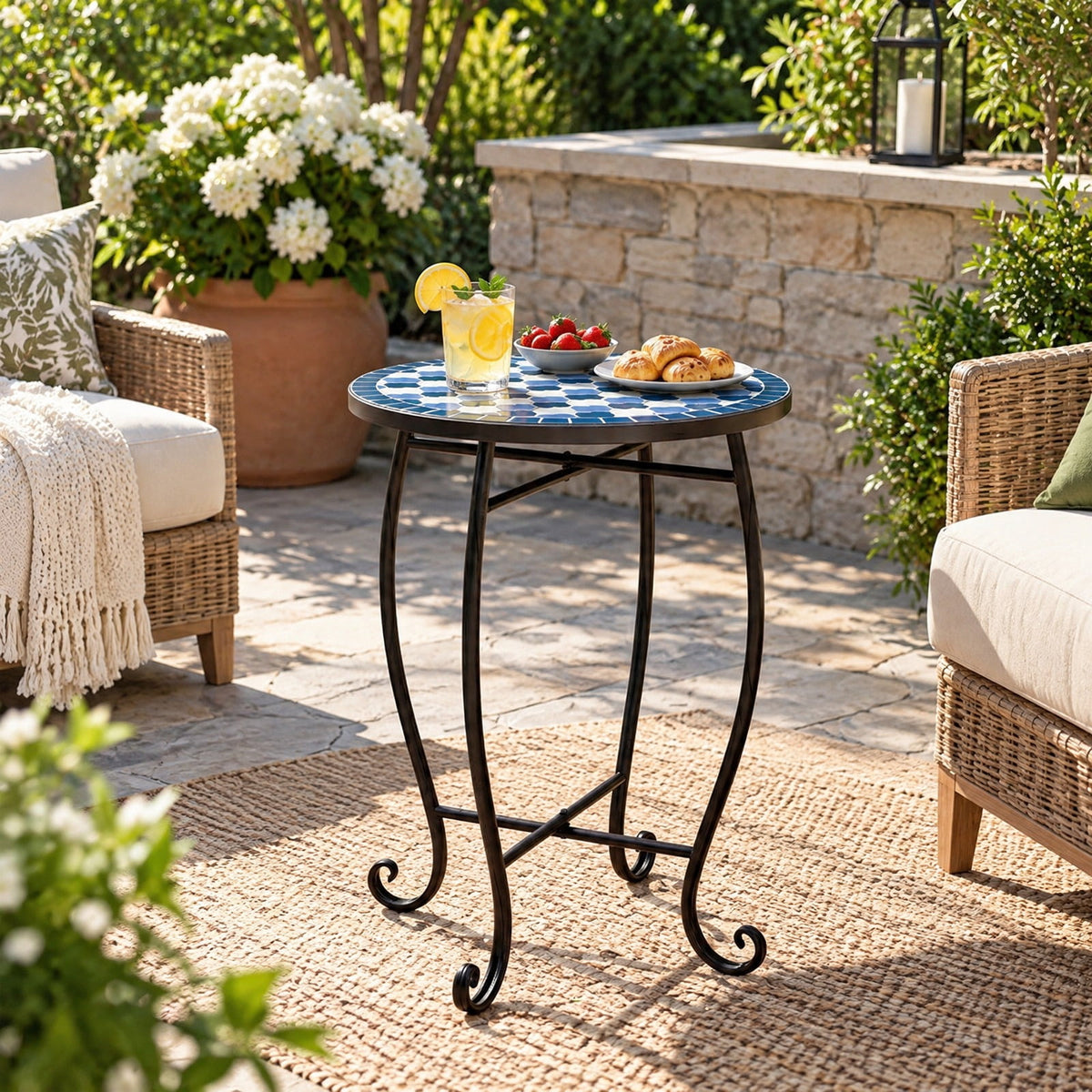 Airfind 14 Inch Floral Clover/Blooming Lotus/Bright Sunflower Mosaic Patio Accent Coffee End Table, 35 lbs Capacity, Metal Frame, 14 Inch x 20 Inch Footprint