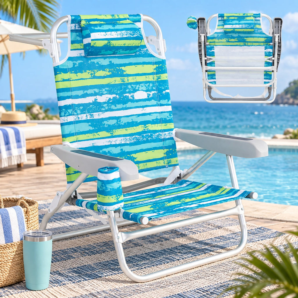 Airfind 2 Pack Folding Beach Chair with Adjustable Positions and Head Pillow, Metal Oxford Fabric Aluminum Frame, Green