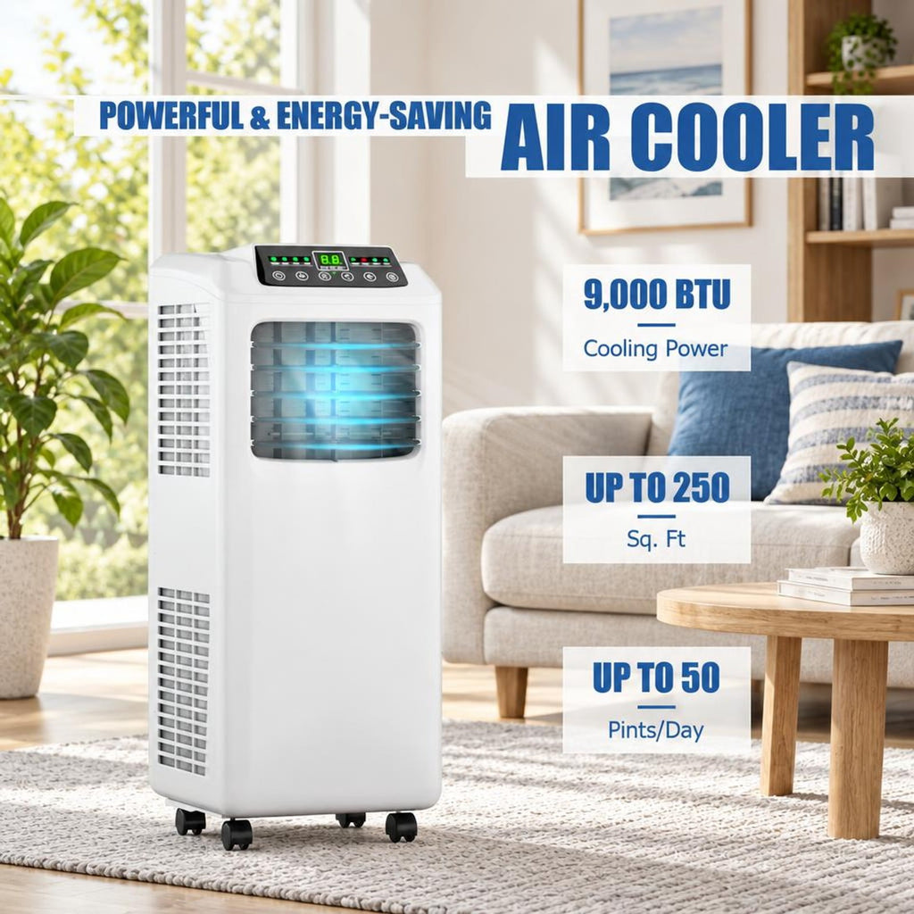 Airfind 9000 BTU Portable Air Conditioner with Built, 12 Inch x 13 Inch x 30 Inch (W x D x H) Product weight: 54.5 lbs Footprint, Black + white Cooling