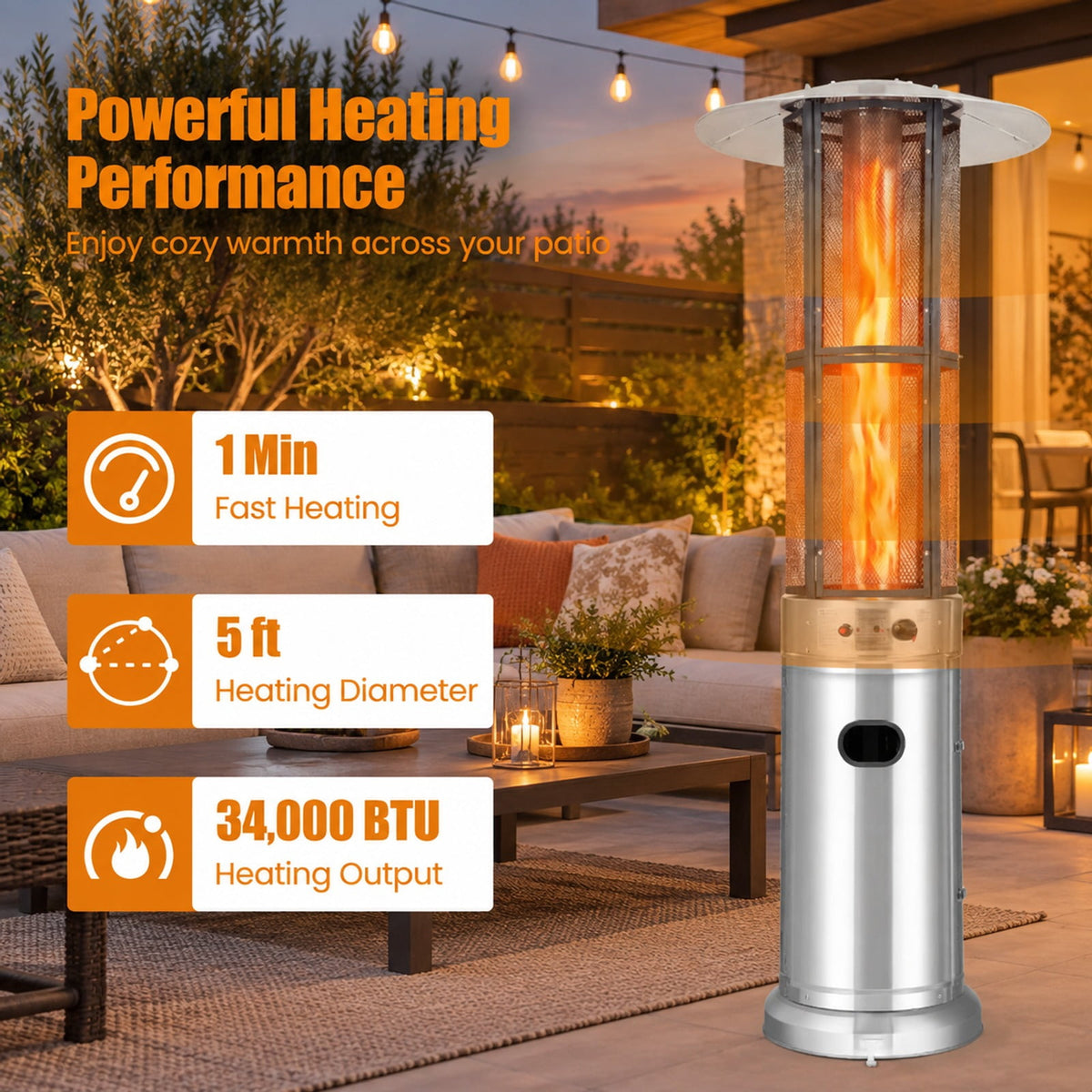 Airfind Outdoor Propane Patio Heater with Glass Tube and Tilt-Over Protection, Metal Frame, 27.5in x 74.5in Footprint, Silver