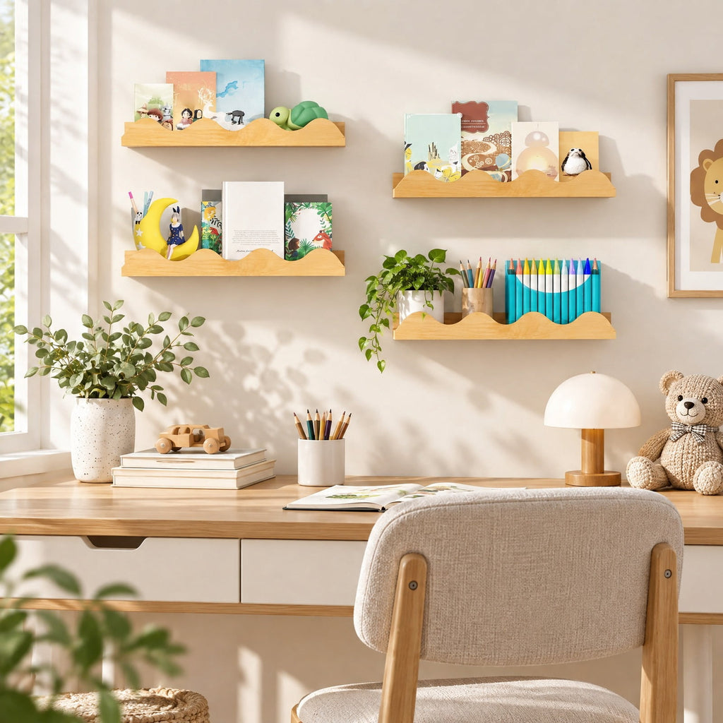 Airfind 16 Inch Kids Bookshelf Set of 4 Floating Nursery Book Shelves for Decoration Book Toy Storage, 11 lbs Capacity, Fir Wood Frame, Natural