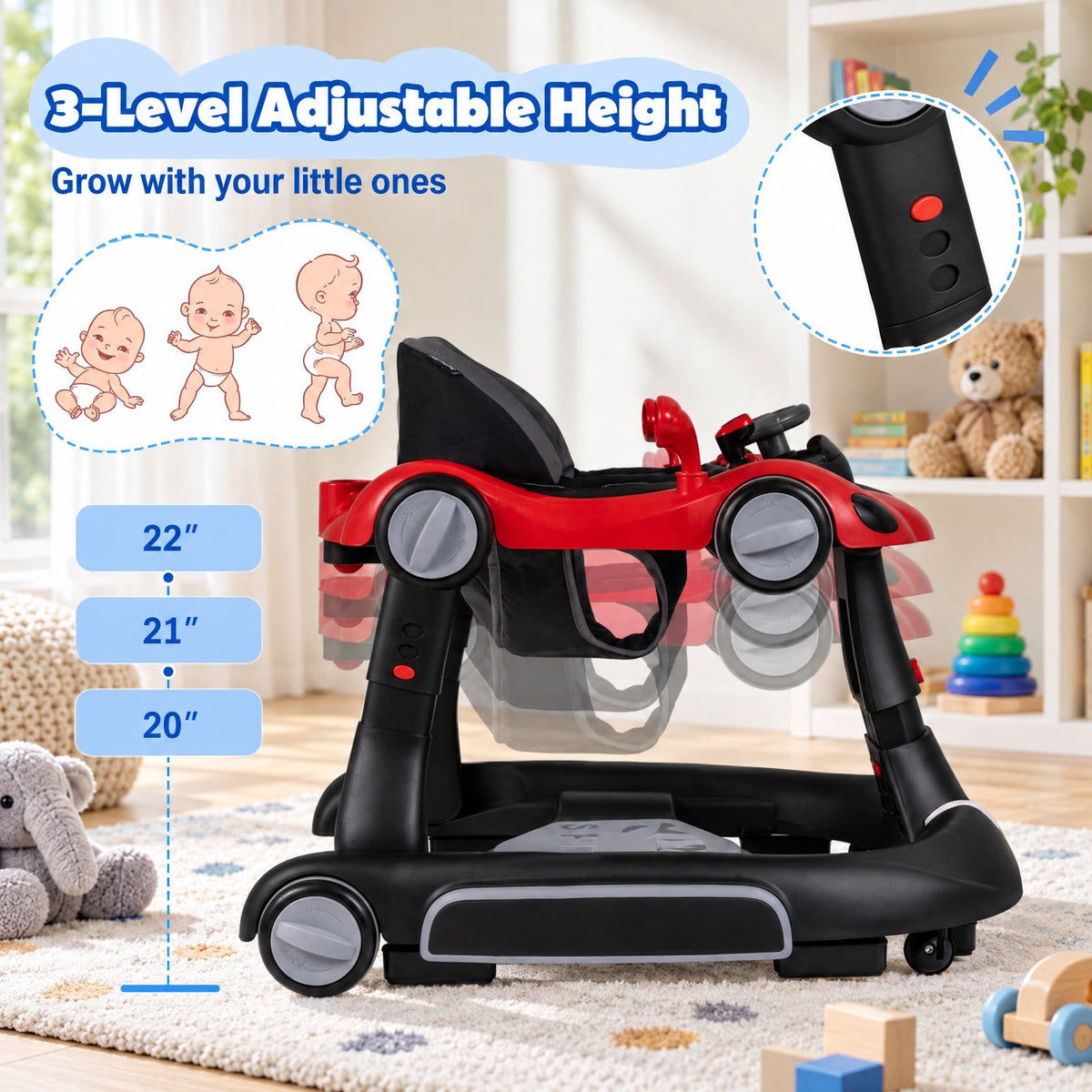 Airfind 6-in-1 Baby Walker with Canopy Portable Activity Center Bouncer Rocker Combo with Music, 27 lbs Capacity, PP ABS Fabric Sponge Frame, Red