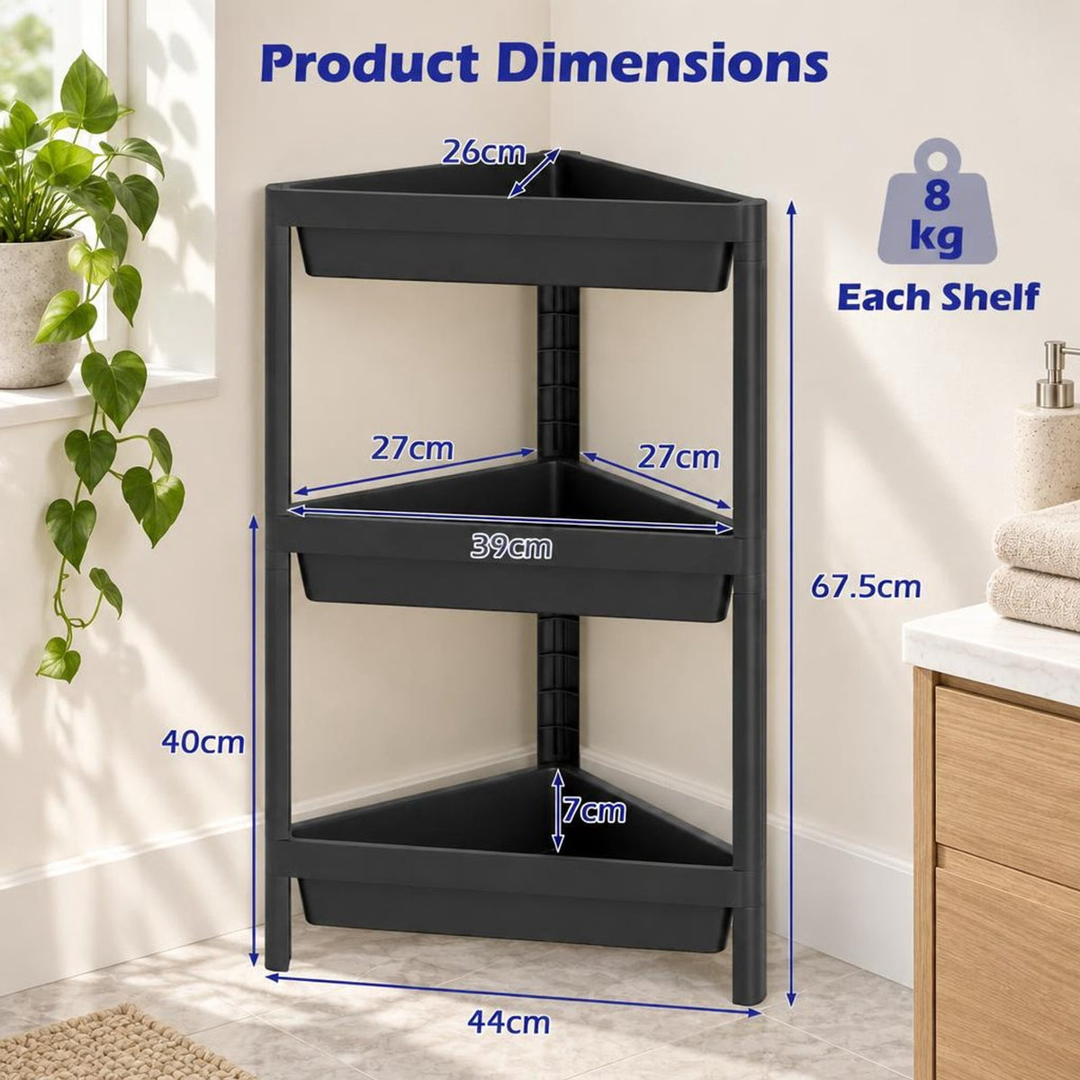 Airfind 3-Tier Corner Shower Caddy 2-Pack with Detachable Design, 18 lbs Capacity, PP Frame, 10 x 17.5 x 26.5 Total Footprint, Black