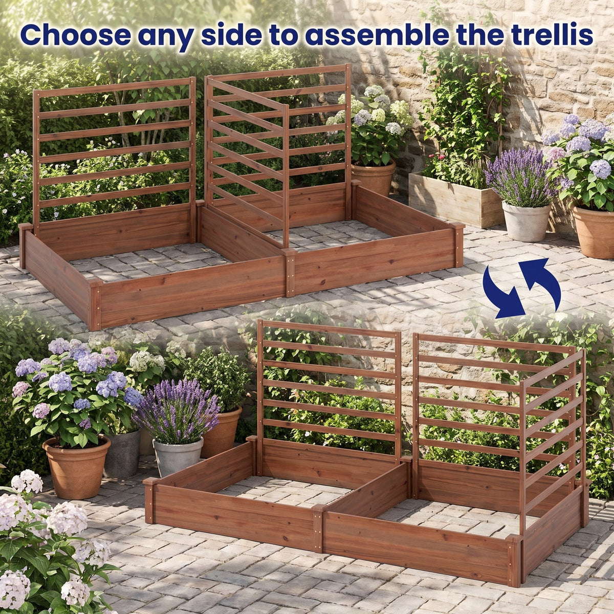 Airfind Raised Garden Bed with 2 Planter Boxes and 3 Trellis, 22 lbs Capacity, Fir Wood Frame, 88 x 45 x 43 (L x W x H) Interior Footprint, Brown
