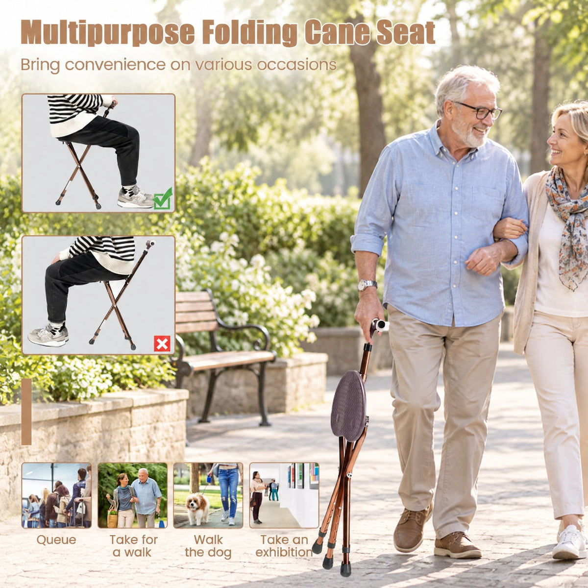 Airfind Lightweight Adjustable Folding Cane Seat with Light, 220 lbs Capacity, 10 x 8.5 Footprint, Brown