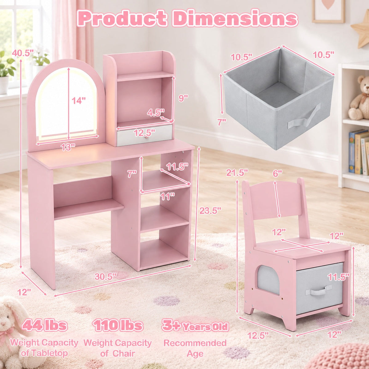 Airfind Kids Vanity Set Princess Girls Makeup Vanity Desk with Chair and 3-Color LED Lighted Mirror, 45 lbs Capacity, MDF Frame, Pink