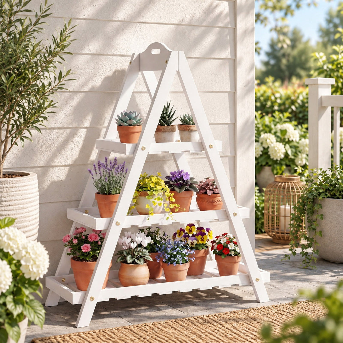 Airfind 3-Tier Plant Stand Flower Pot Display Shelf, Shelf 11 lbs Total Capacity, Fir Wood Frame, 23 x 10 x 28.5 Footprint, White