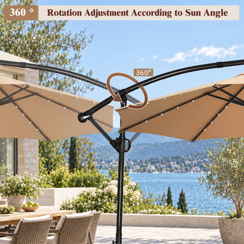 Airfind 10 ft 360° Rotation Solar Powered LED Patio Offset Umbrella without Weight Base, Steel aluminum polyester fabric Frame, 10 x 7.5 Footprint