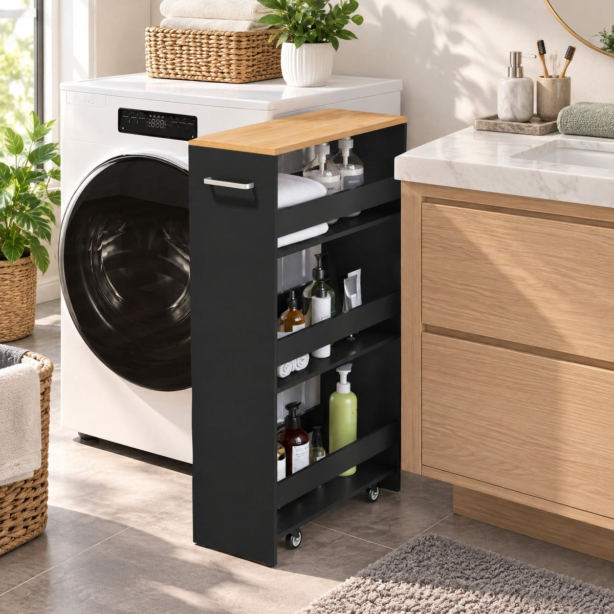 Airfind 4-Tier Rolling Storage Cart Slim Kitchen Cart on Wheels with Open Shelves and Handle, 15 lbs Capacity, Engineered Wood Metal Frame, Black