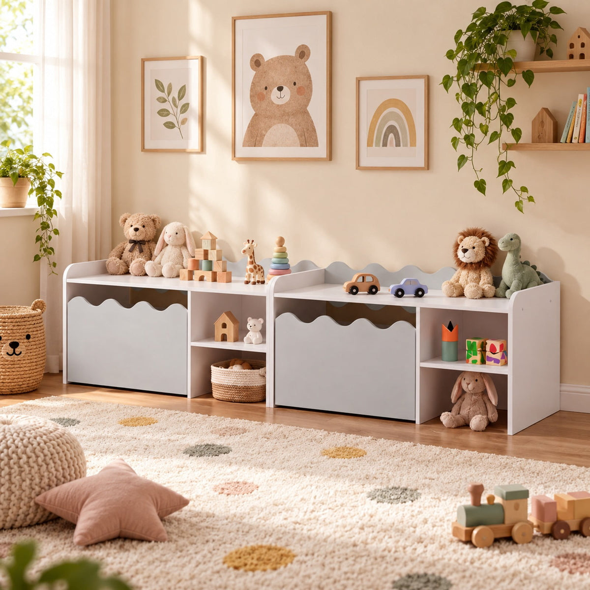 Airfind Scalloped Kids Bookshelf and Toy Storage Organizer for Playroom, 77 lbs Capacity, MDF Frame, for 3+ Years Old, 35 Inch x 16 Inch x 18 Inch Footprint