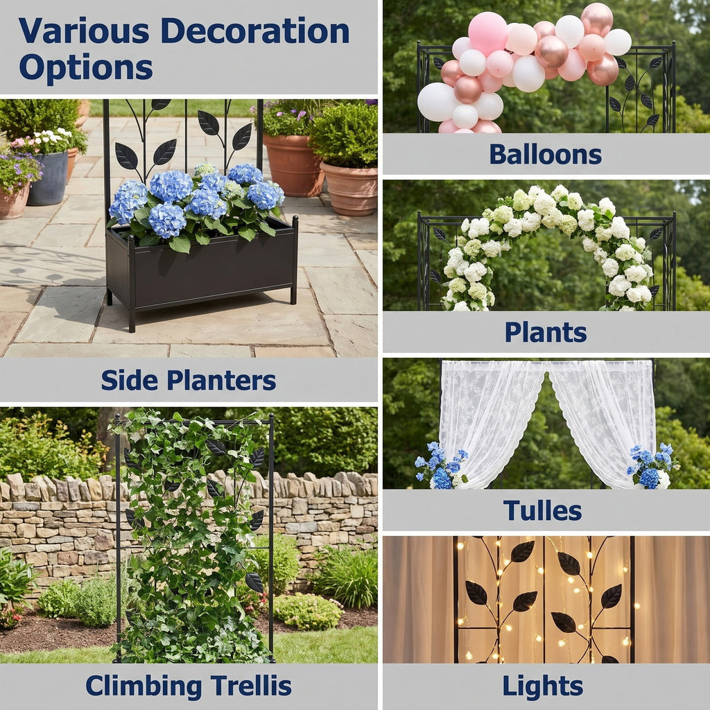 Airfind 87 Inches Garden Arbor with Lockable Gate Side Planters, Metal Frame, 80 x 20 x 87 Footprint, Black