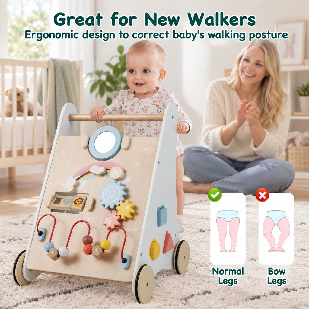 Airfind Wooden Youth Activity Walker with Multiple Play Features, Basswood Frame, Suitable for Ages 12 Months and Up, 13.5 Inch x 13 Inch x 17.5 Inch, Unspecified