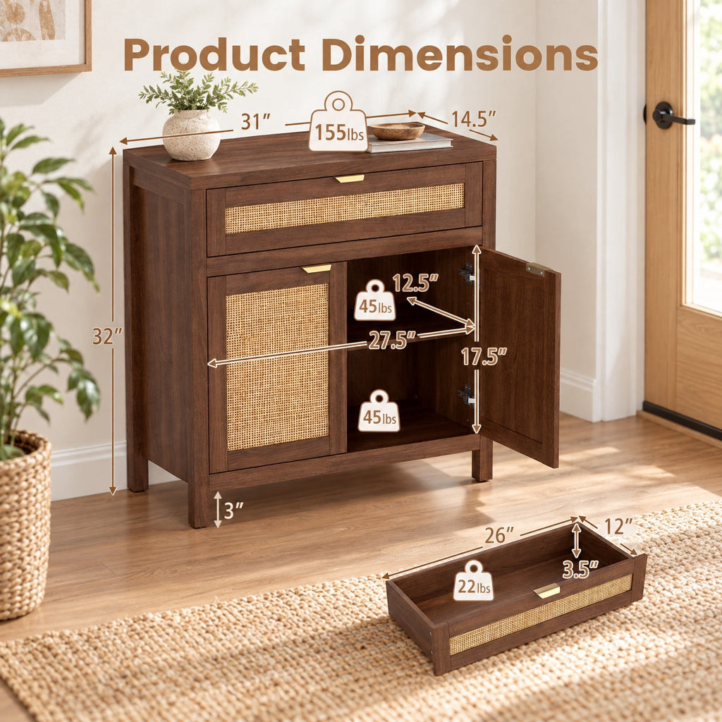 Airfind Sideboard Storage Cabinet with Rattan Doors and Drawer, 155 lbs Capacity, Engineered Wood MDF Rattan Metal Frame, Brown