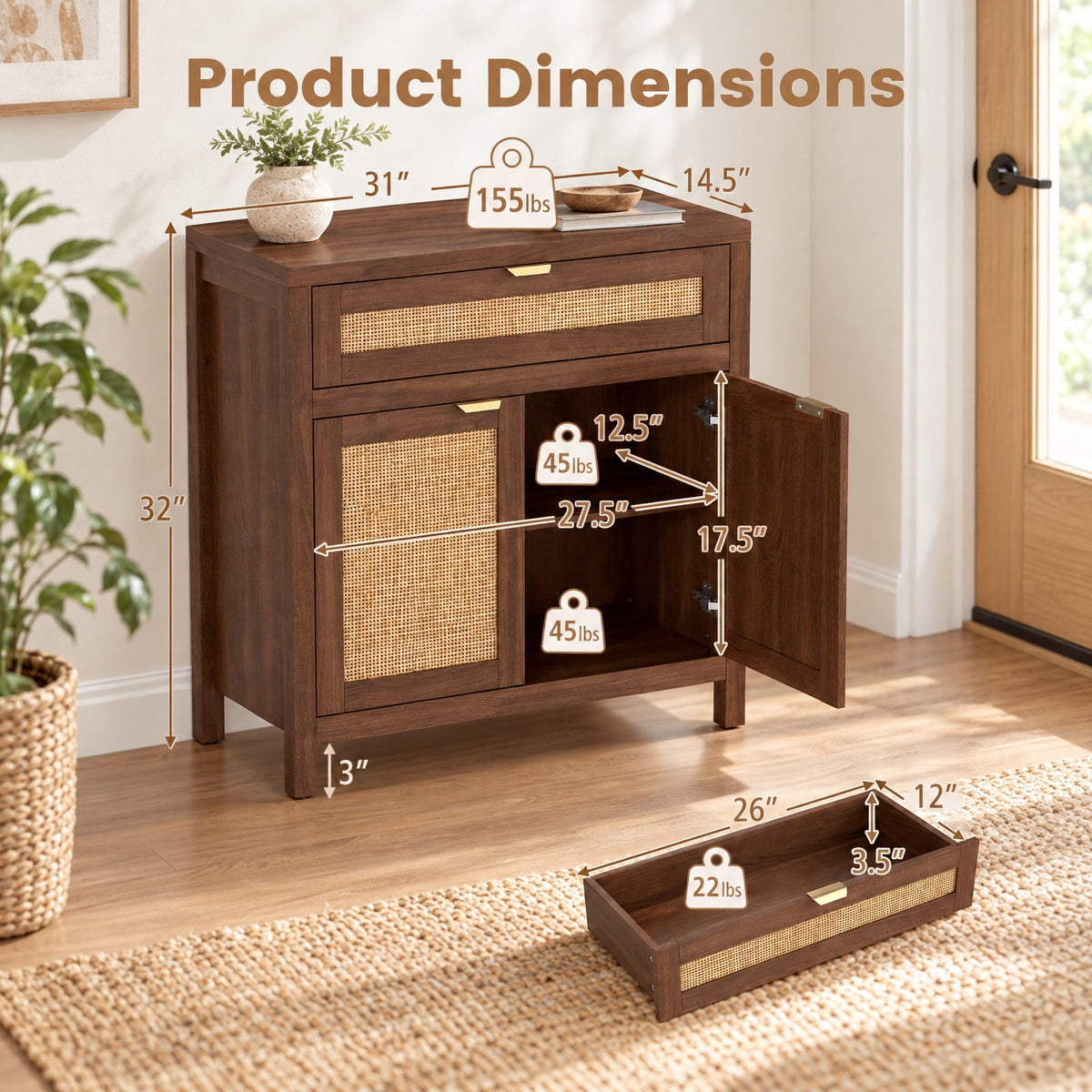 Airfind Sideboard Storage Cabinet with Rattan Doors and Drawer, 155 lbs Capacity, Engineered Wood MDF Rattan Metal Frame, Brown