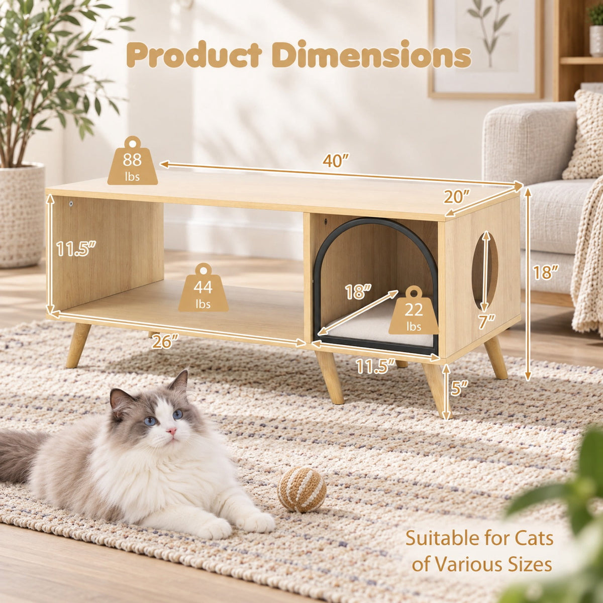 Airfind 40 Inch Coffee Table Cat House 2-in-1 Wooden Kitten Furniture with Open Storage Shelf, 88 lbs Capacity, 40 x 20 x 18 Footprint, Natural