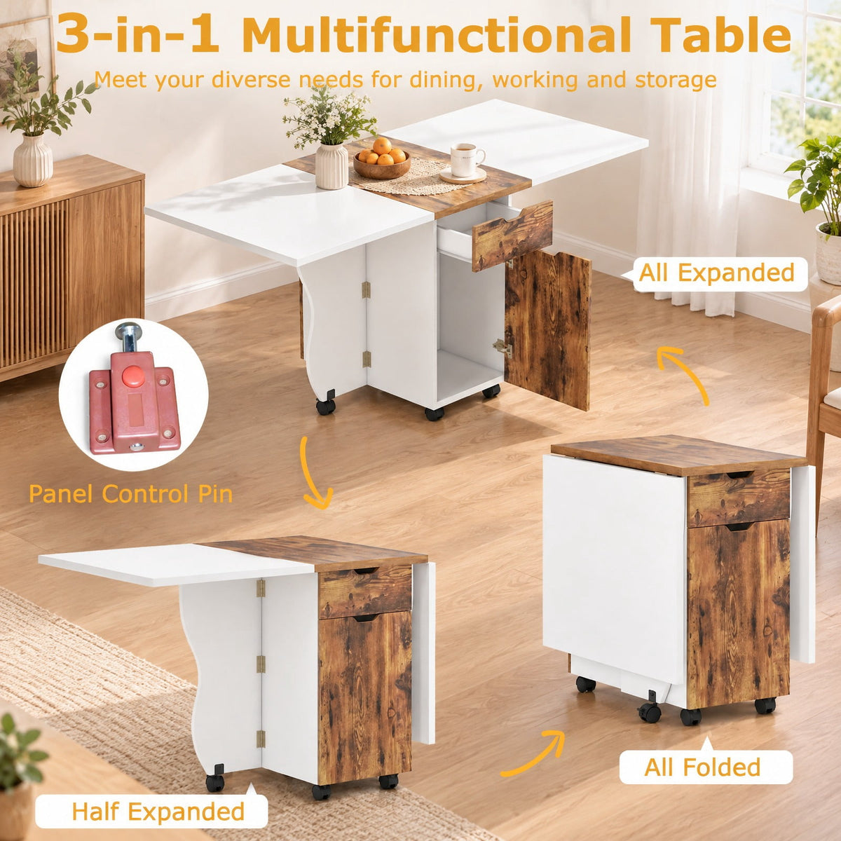 Airfind Folding Dining Table 3-in-1 Space-Saving Drop Leaf Kitchen Table with Lockable Wheels, 60 kg Capacity, 63.2 x 27.6 x 29.5 Footprint