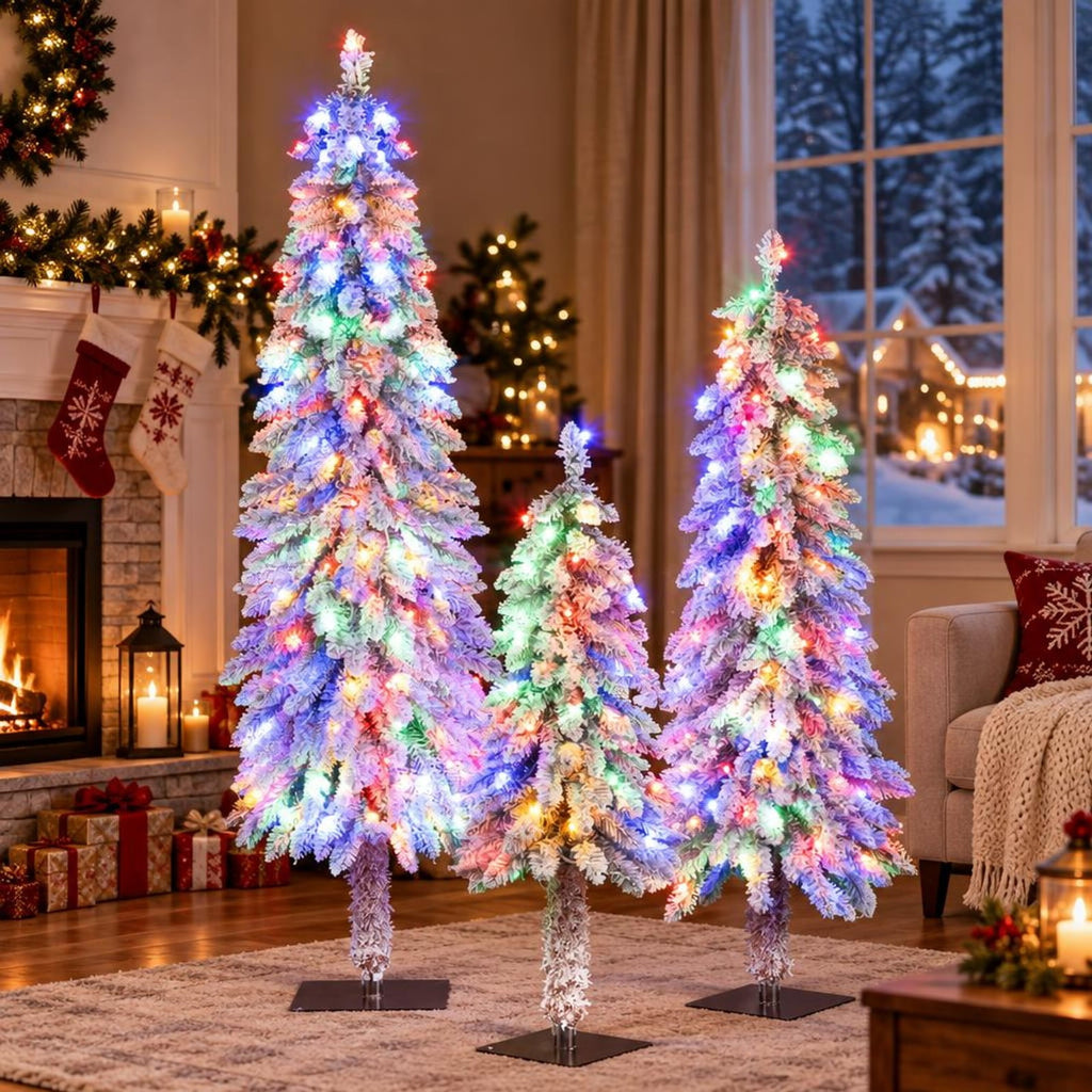 Airfind Artificial Christmas Tree Set of 3 with Snow, PVC Metal Tree Height 3 ft Tree Width 18in Base Frame, Green + White