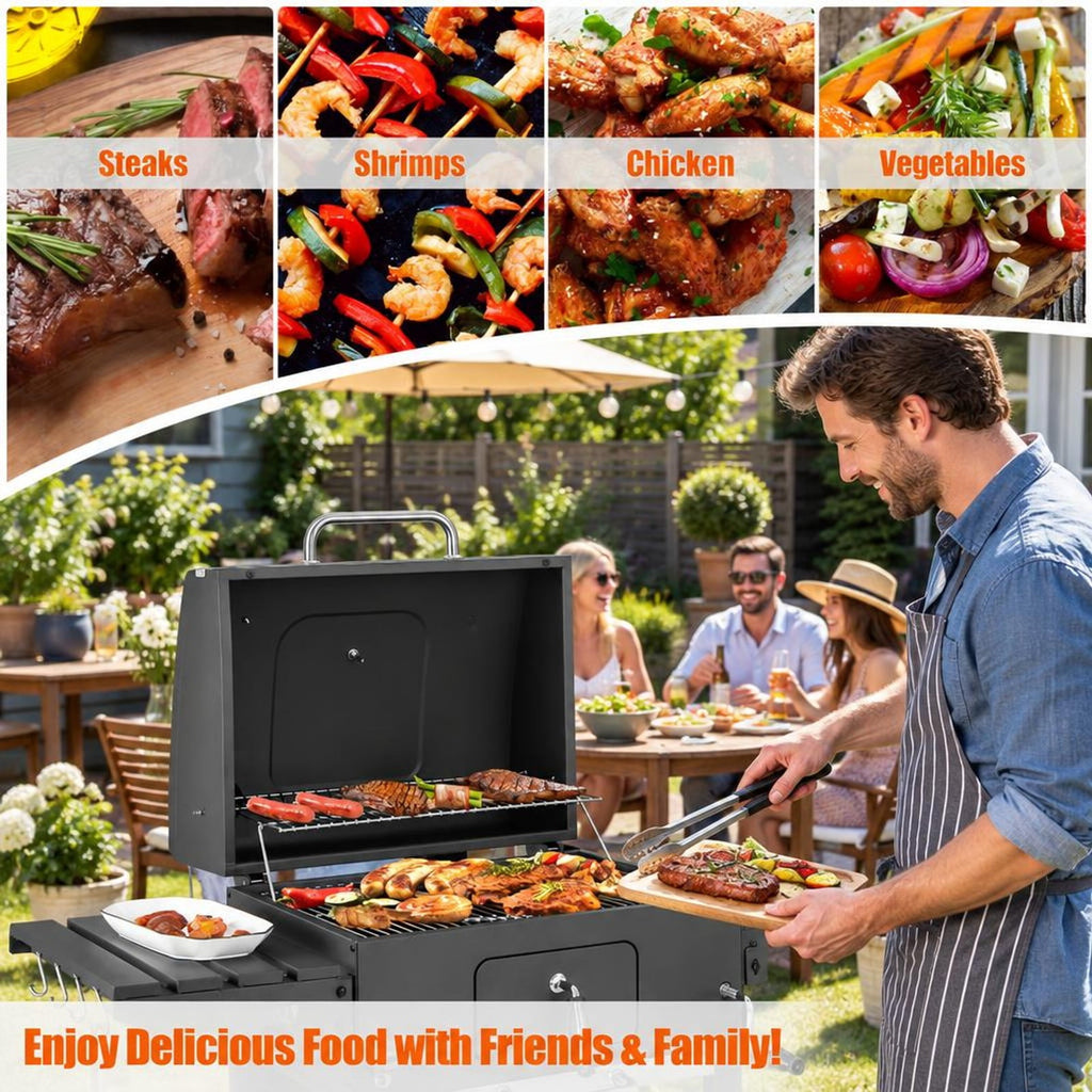 Airfind Outdoor BBQ Charcoal Grill with 2 Foldable Side Table and Wheels, Steel PP Frame, 50.5 Inch x 21 Inch x 46 Inch Footprint, Black