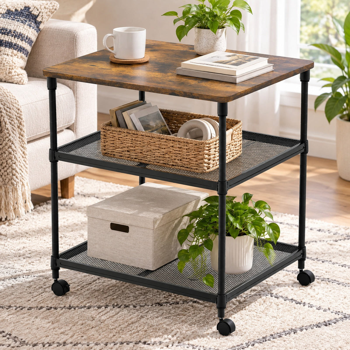Airfind 3 Tier Printer Stand Rolling Fax Cart with Adjustable Shelf and Swivel Wheels, Engineered Wood Iron Frame, 24 x 20 x 27 Footprint, Coffee