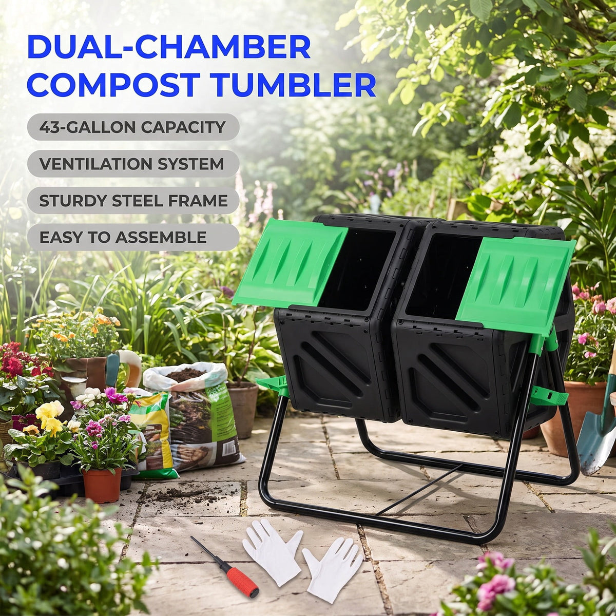 Airfind Dual Chamber Garden Compost Tumbler with Sliding Doors-Black Green, Black, Dimensions 25.5 x 23.5 x 29Size of 2