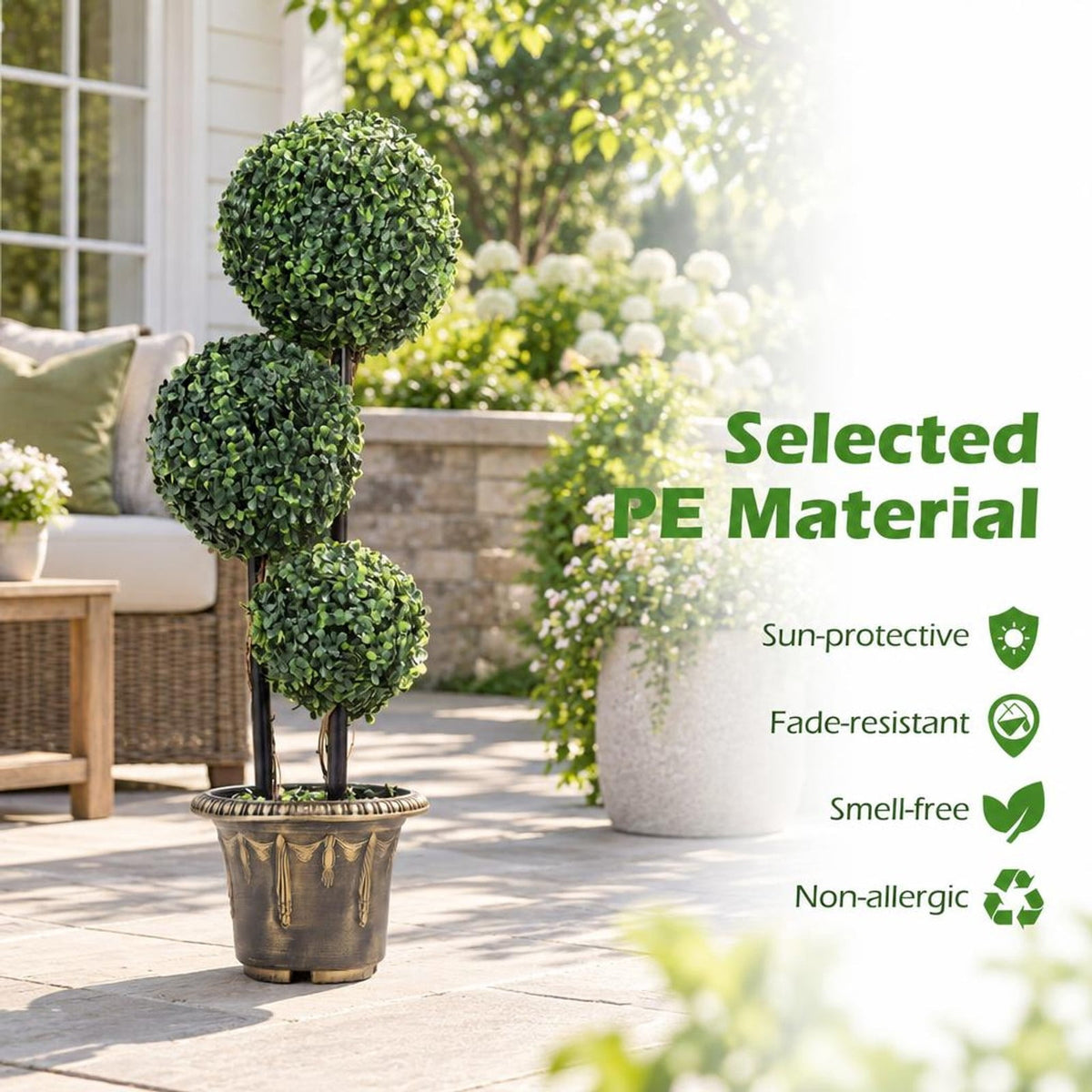 Airfind 35 Inches Artificial Boxwood Topiary Tree Triple Ball Shrubs, PE Metal Solid Wood Cement PP Tree Height 29 Inch /35 Inch Pot Frame