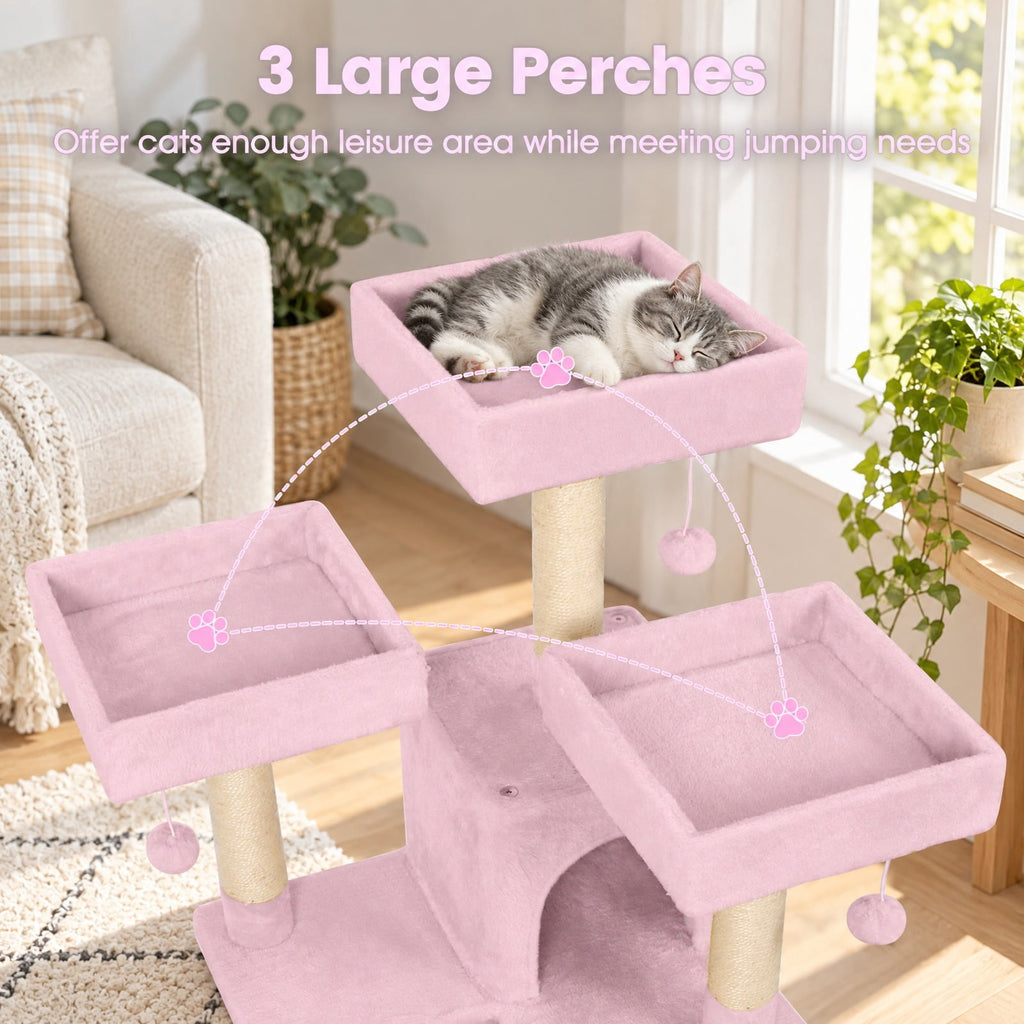 Airfind 65 Inch Tall Multi-level Cat Tree with 3 Upholstered Perch and 2 Cat Condos, Fabric Sisal Engineered Wood Overall Height 65 Inch Base Frame