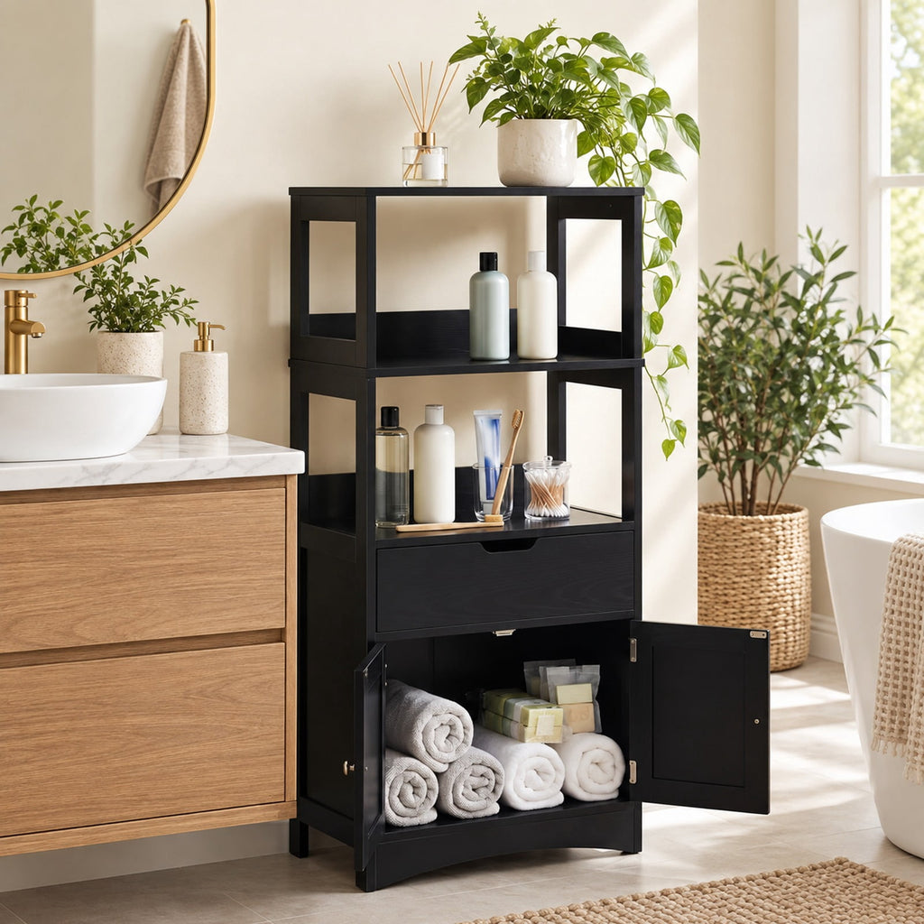 Airfind Bathroom Storage Cabinet with Open Shelves and Drawer, 110 lbs Capacity, Engineered Wood Frame, 24in x 13in x 48in Footprint, Black