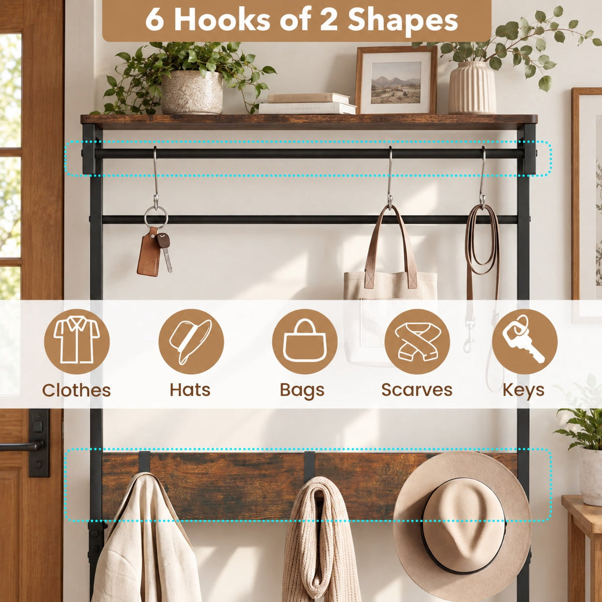 Airfind Coat Rack 4-In-1 Hall Tree with Shoe Bench and Removable Hooks, 220 lbs Capacity, Metal Engineered Wood Frame, Coffee