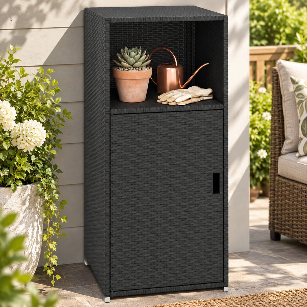 Airfind Outdoor PE Wicker Storage Cabinet with Door and Open Compartment for Patio, Shelf 66 lbs Capacity, PE Rattan Metal Frame, Black