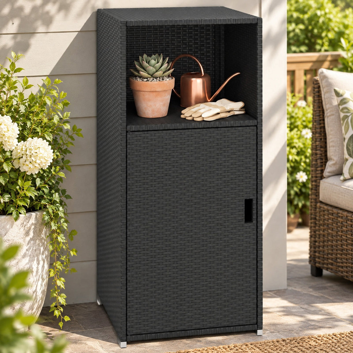 Airfind Outdoor PE Wicker Storage Cabinet with Door and Open Compartment for Patio, Shelf 66 lbs Capacity, PE Rattan Metal Frame, Black
