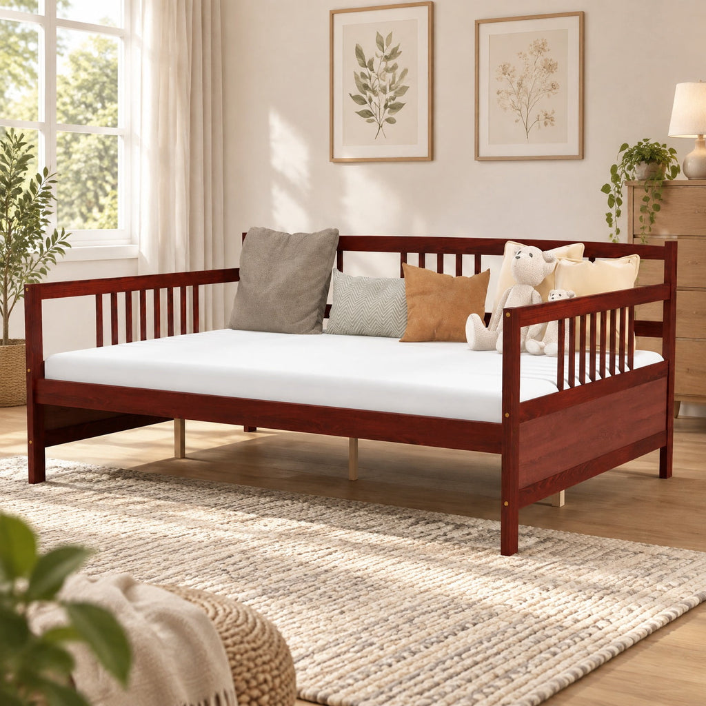 Airfind Classic Wooden Full Size Daybed Frame with Guardrails, 250 lbs Capacity, Pine wood plywood MDF Frame, Brown