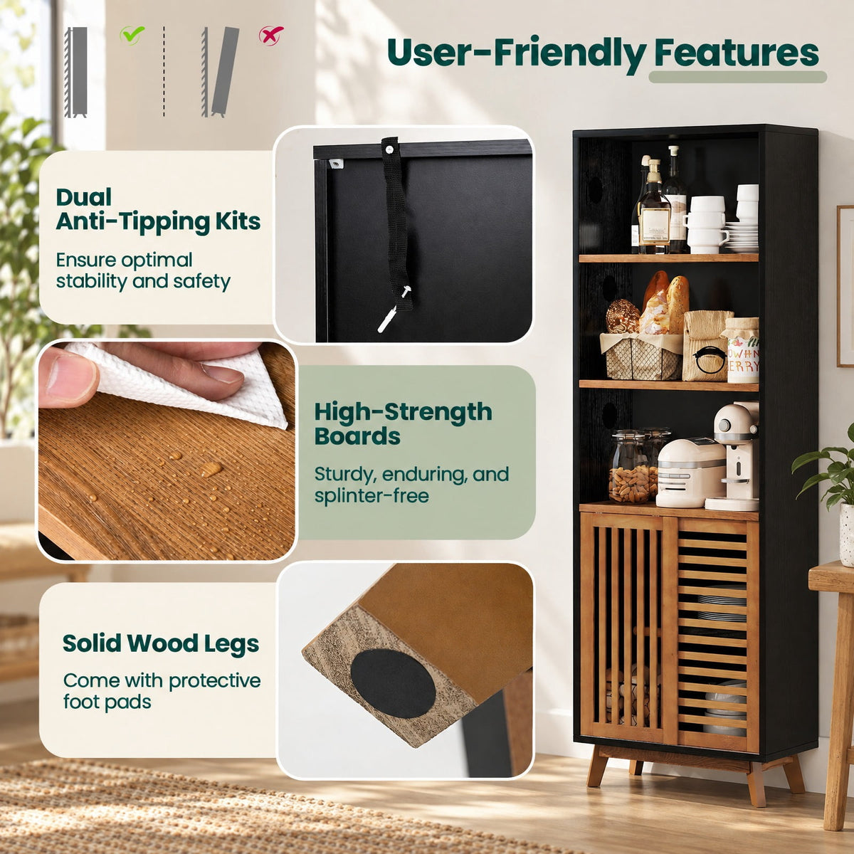 Airfind 70 Inch 5-Tier Bookshelf with Reversible Adjustable Shelf, 44 lbs Capacity, Solid Wood MDF Engineered Wood Aluminum Alloy Frame, Black