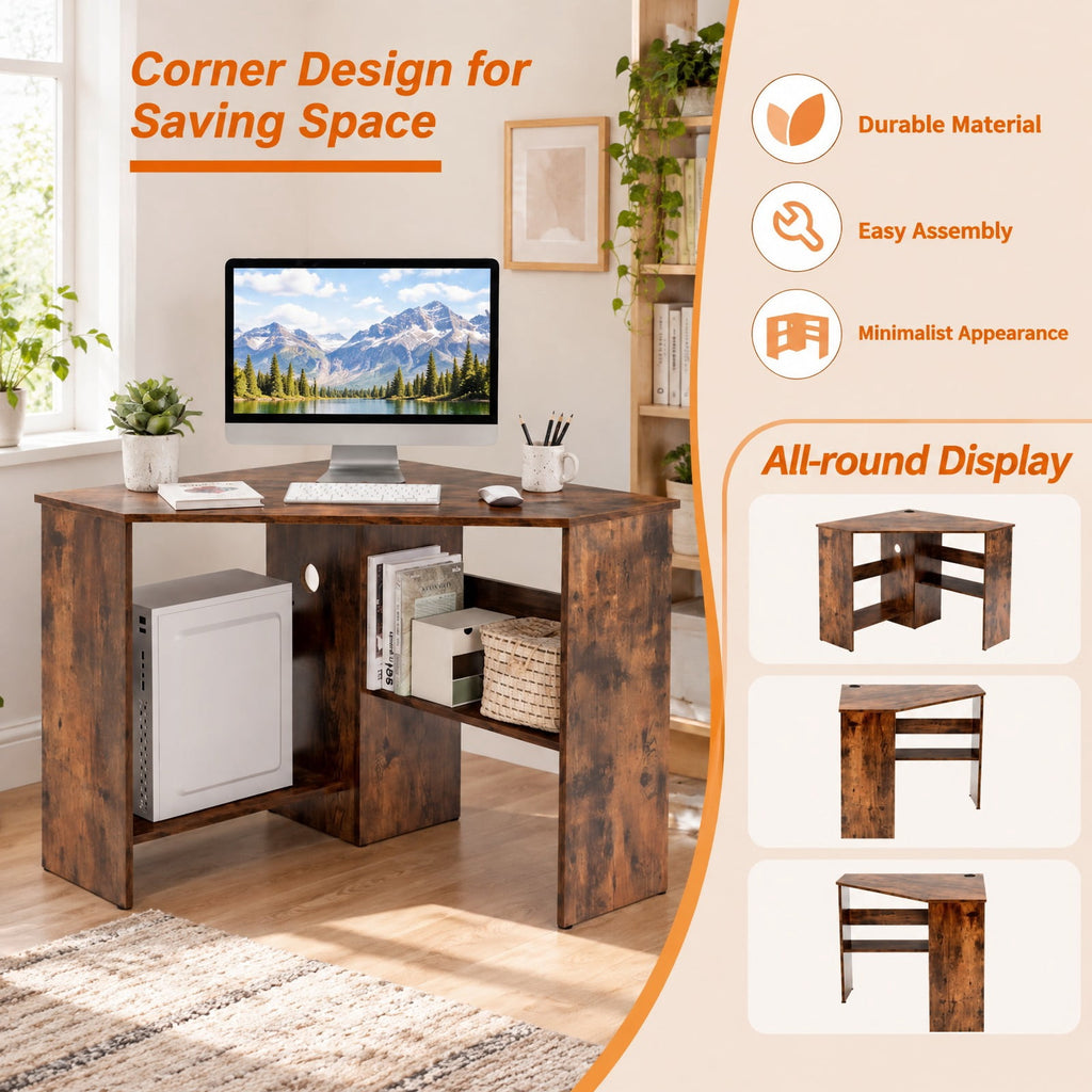Airfind Corner Computer Desk Triangle Writing Workstation with Storage Shelf, 200 lbs Capacity, E0 engineered wood Frame, Brown