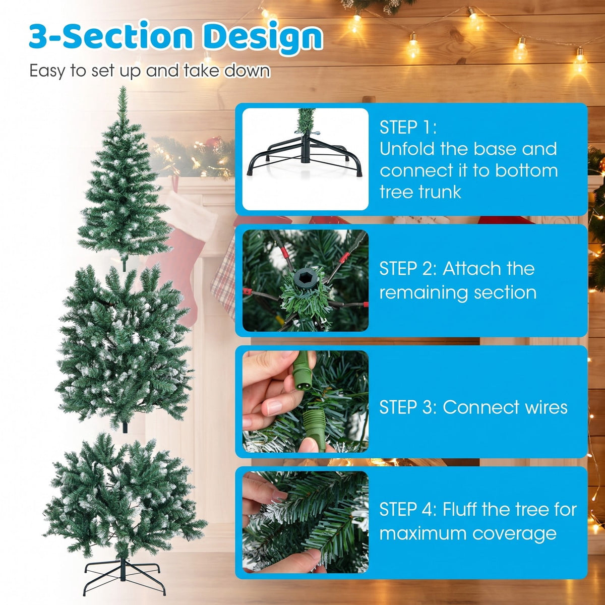 Airfind 6 Feet Pre-Lit Artificial Christmas Tree with 618 Snowy Branch Tips, PVC Metal Tree Height 150 cm Tree Width 48 cm Frame, Blue+Green