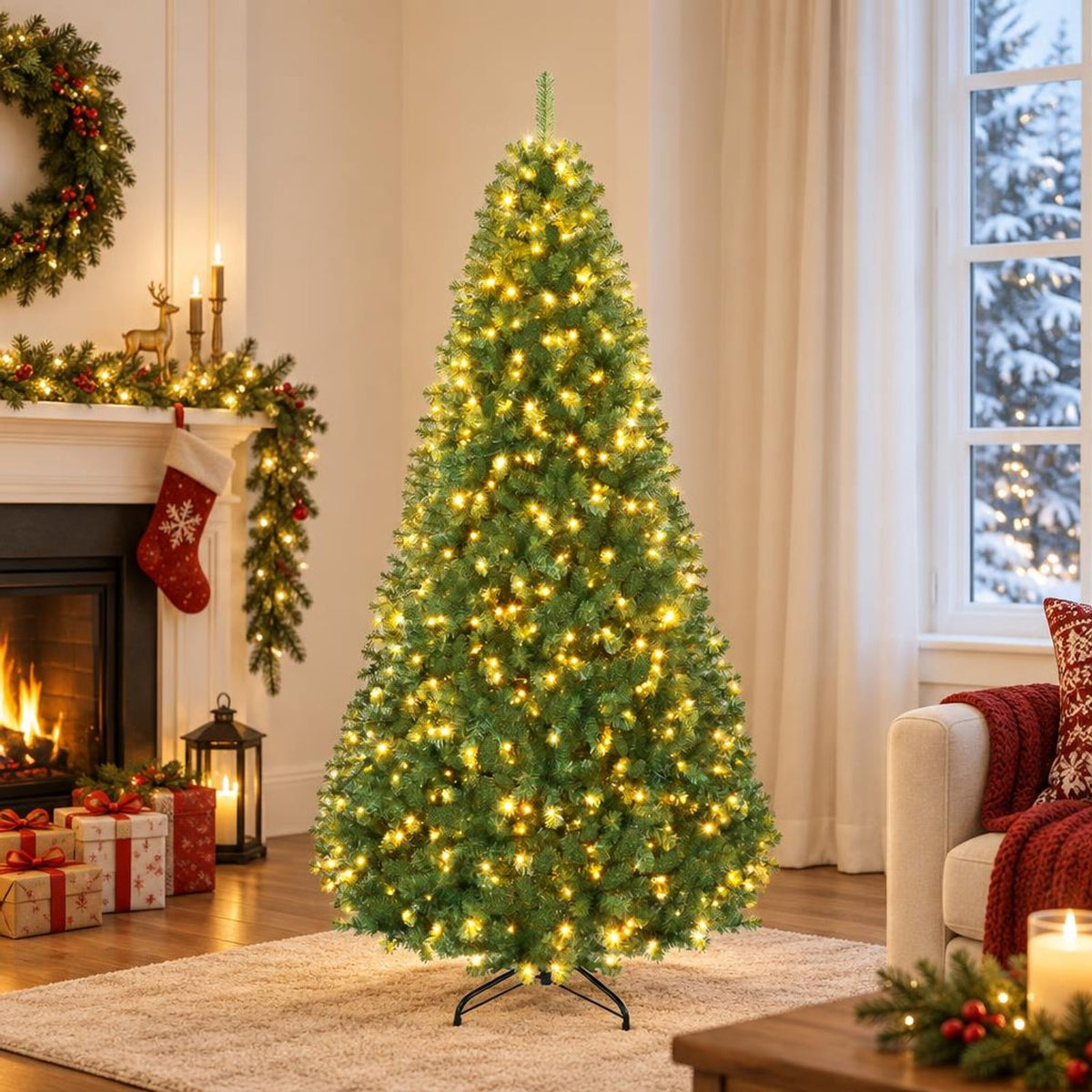 Airfind Pre-Lit Green Artificial Christmas Tree with Full Branch Tips-8 Feet, PVC Metal Frame, Green