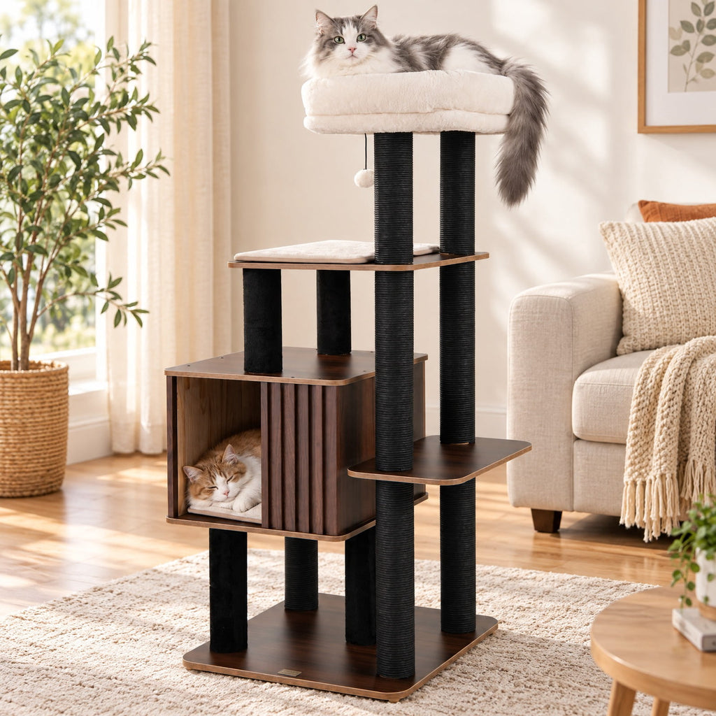 Airfind 53.5 inch Tall Cat Tree for Indoor Cat Wooden Cat Tower Top Perch with Soft Padding, 23in x 23in Cat Condo Footprint, Brown