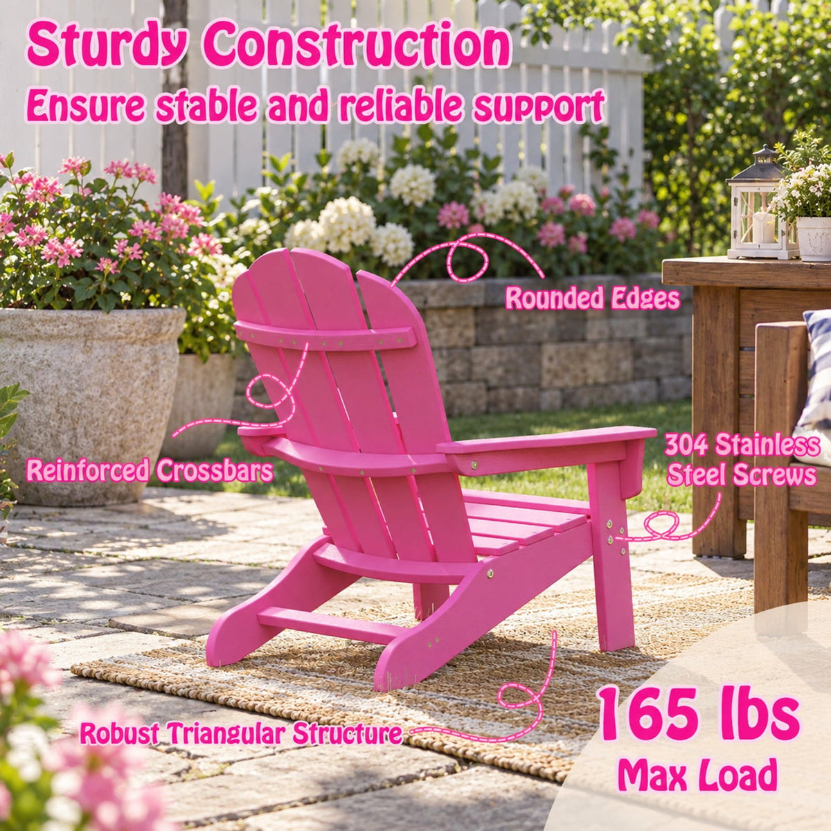 Airfind All-Weather HIPS Kids Adirondack Chair with with High Backrest and Armrests, 165 lbs Capacity, Wood-like HIPS Frame, Pink